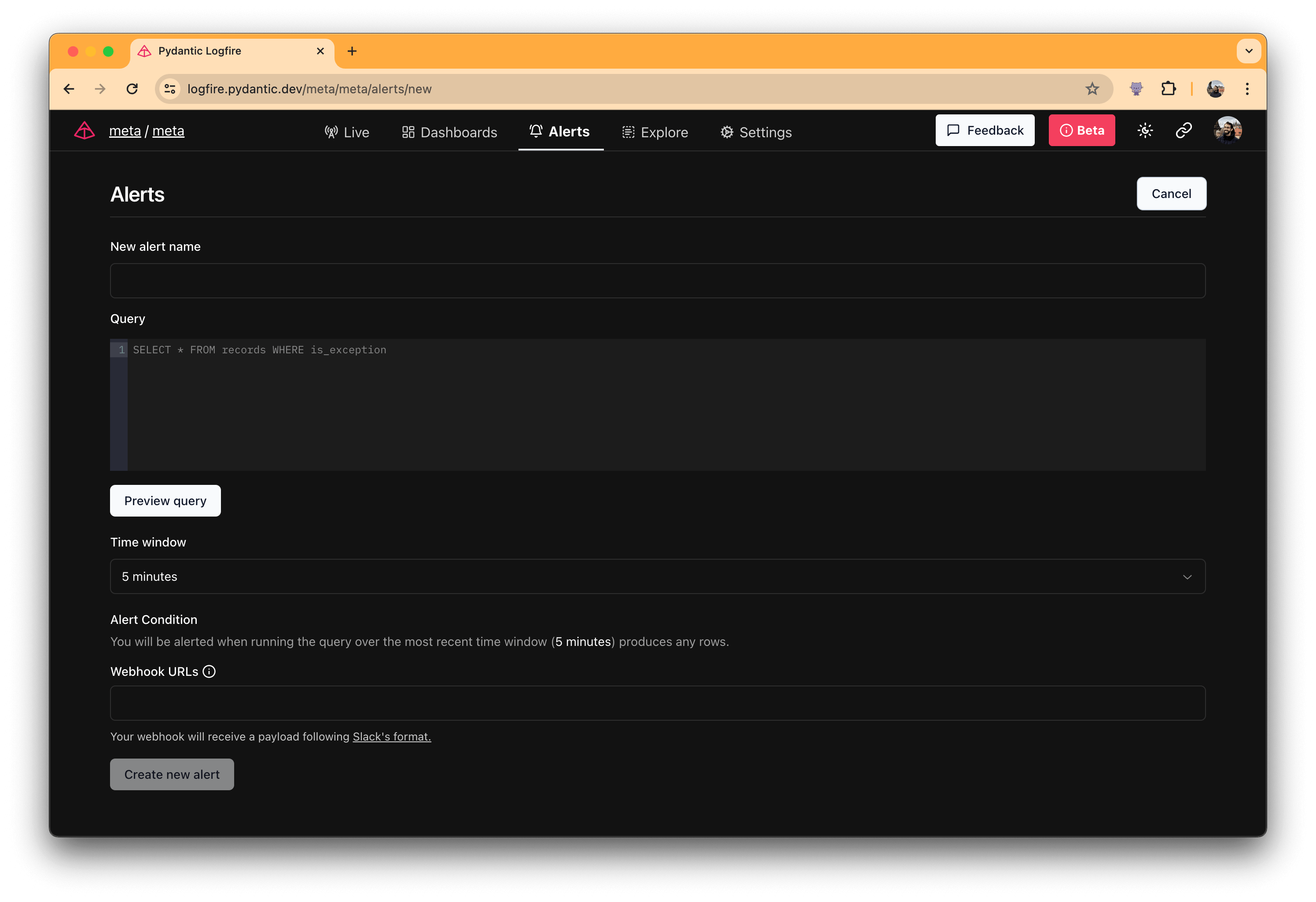 Create alert form