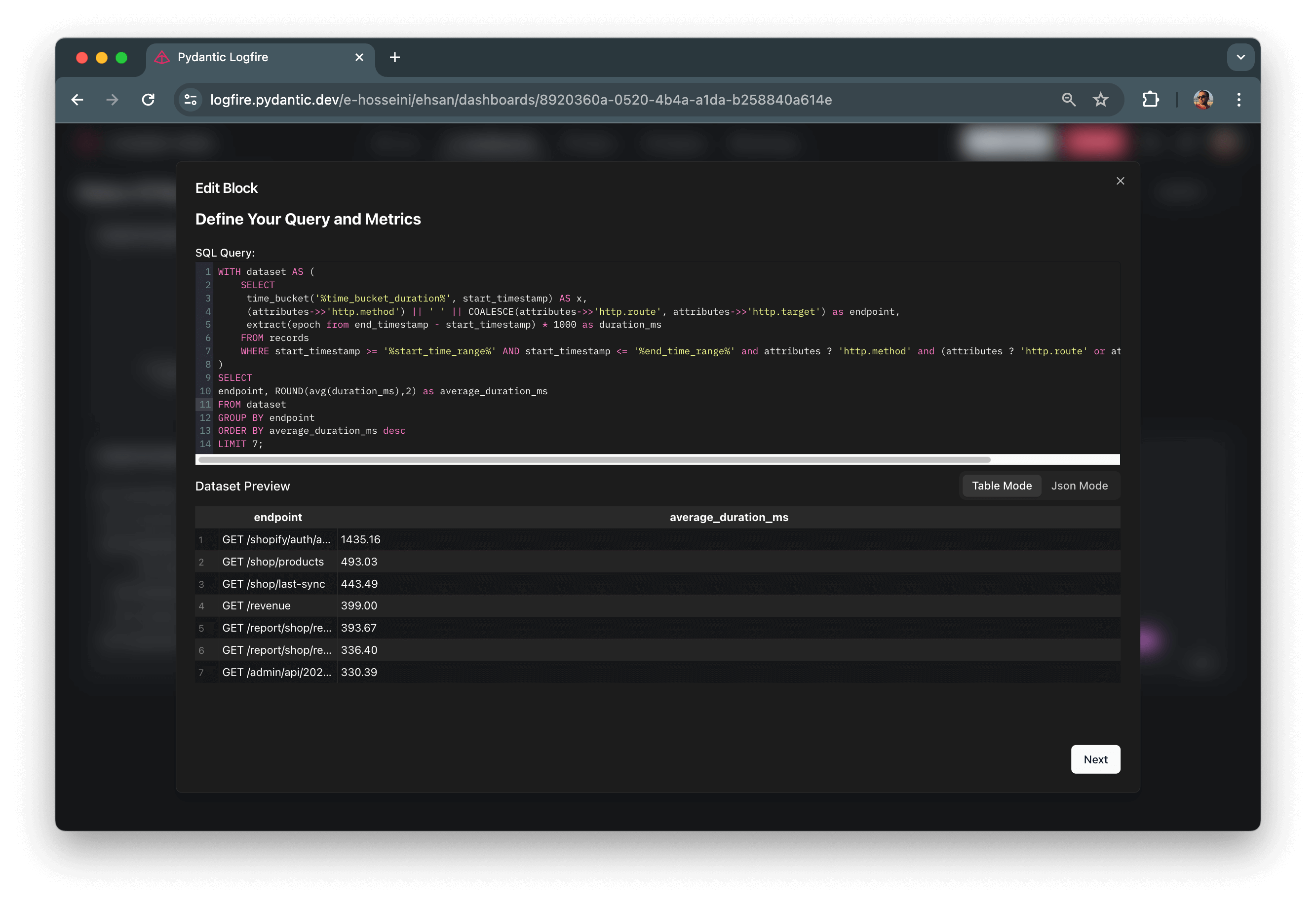 Logfire Dashboard chart query
