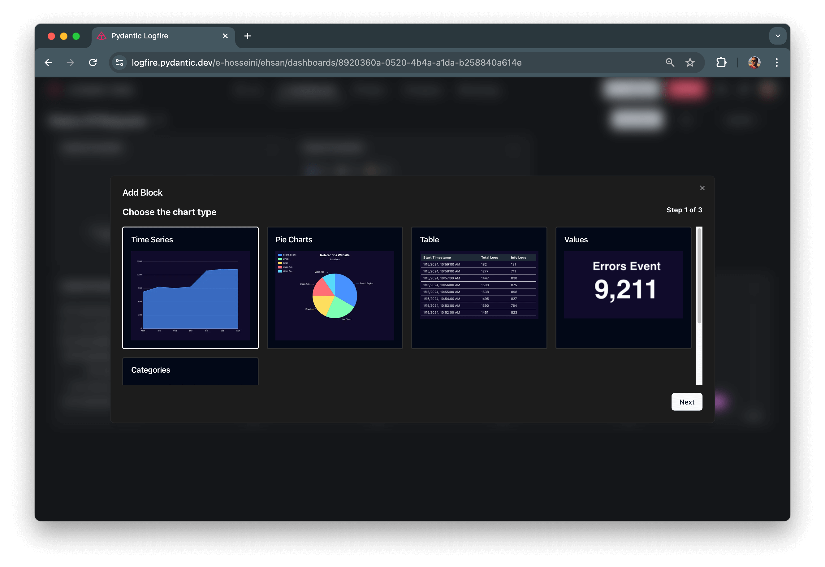 Logfire Dashboard chart types
